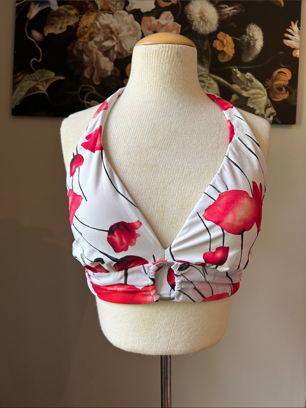 Jantzen White and Red Floral Halter Bikini Top with Branded Ring